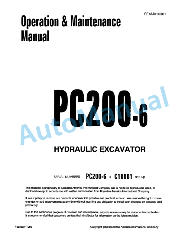 Komatsu PC200-6 Hydraulic Excavator Operation and Maintenance Manual SEAM016301
