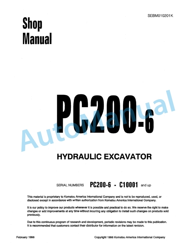 Komatsu PC200-6 Hydraulic Excavator Shop Manual SEBM010201K