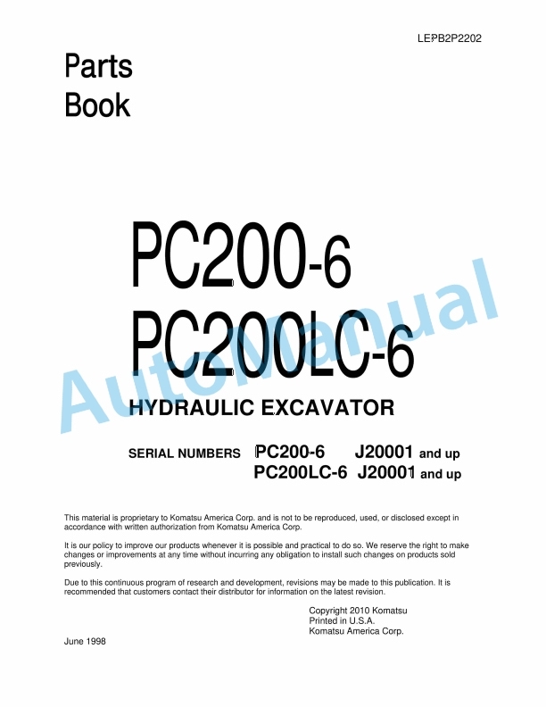 Komatsu PC200-6, PC200LC-6 Hydraulic Excavator Parts Manual LEPB2P2202