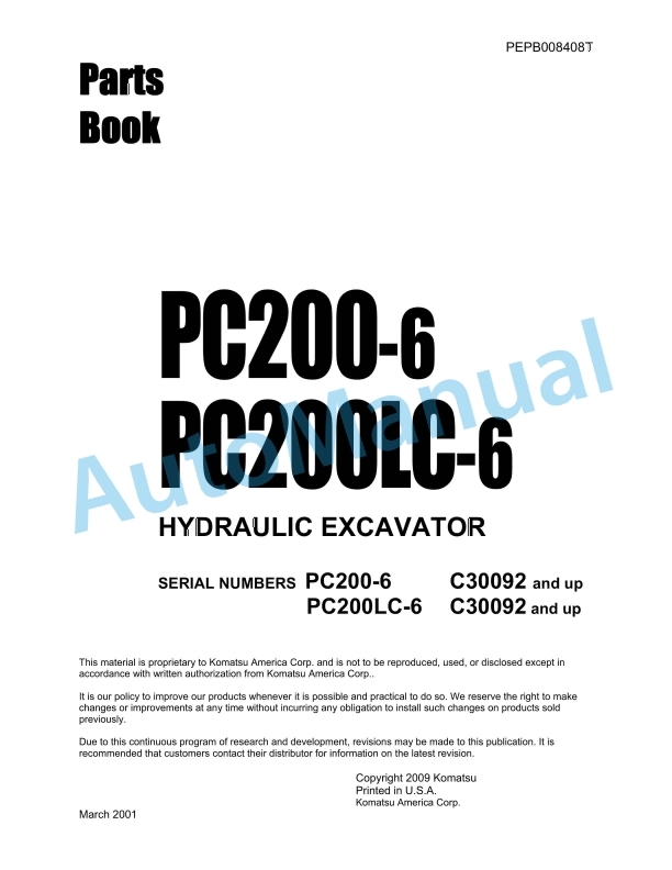 Komatsu PC200-6, PC200LC-6 Hydraulic Excavator Parts Manual PEPB008408T