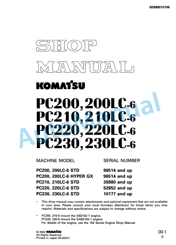 Komatsu PC200-6, PC200LC-6, PC210-6, PC210LC-6, PC220-6, PC220LC-6, PC230-6, PC230LC-6 Hydraulic Excavator Shop Manual SEBM010106