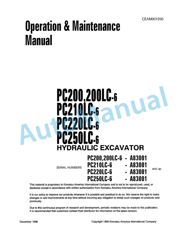 Komatsu PC200-6, PC200LC-6, PC210LC-6, PC220LC-6, PC250LC-6 Hydraulic Excavator Operation and Maintenance Manual CEAM001200