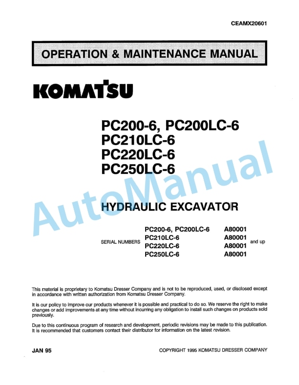 Komatsu PC200-6, PC200LC-6, PC210LC-6, PC220LC-6, PC250LC-6 Hydraulic Excavator Operation and Maintenance Manual CEAMX20601