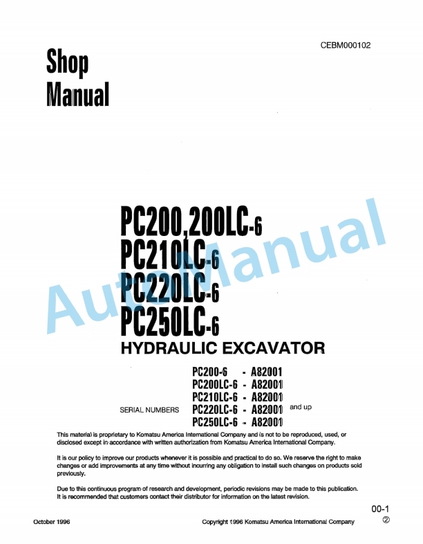 Komatsu PC200-6, PC200LC-6, PC210LC-6, PC220LC-6, PC250LC-6 Hydraulic Excavator Shop Manual CEBM000102