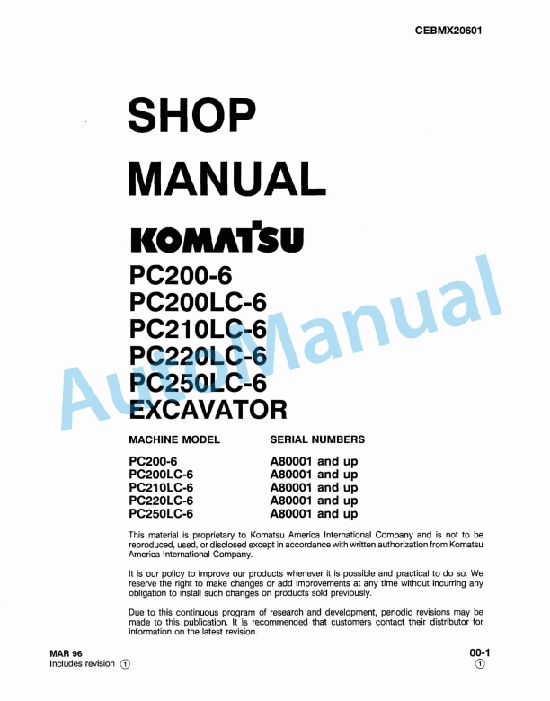 Komatsu PC200-6, PC200LC-6, PC210LC-6, PC220LC-6, PC250LC-6 Hydraulic Excavator Shop Manual CEBMX20601