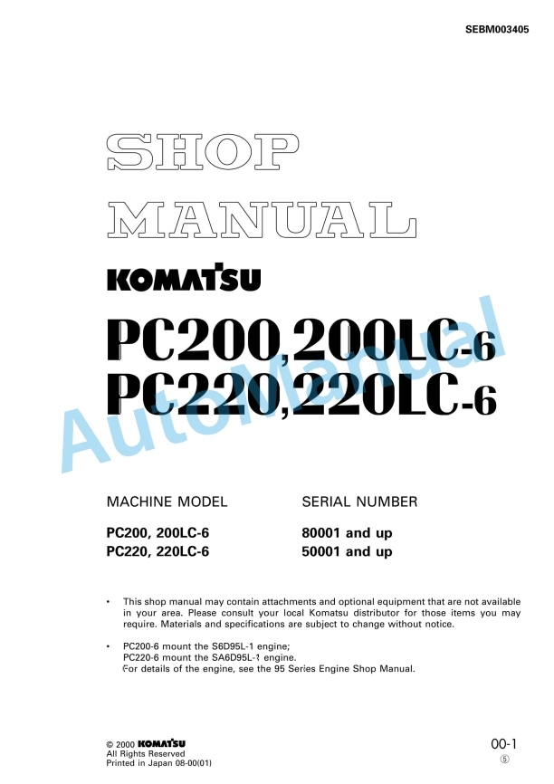 Komatsu PC200-6, PC200LC-6, PC220-6, PC220LC-6 Hydraulic Excavator Shop Manual SEBM003405