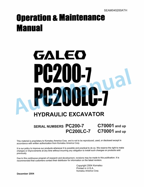 Komatsu PC200-7, PC200LC-7 Galeo Hydraulic Excavator Operation and Maintenance Manual SEAM045200ATH