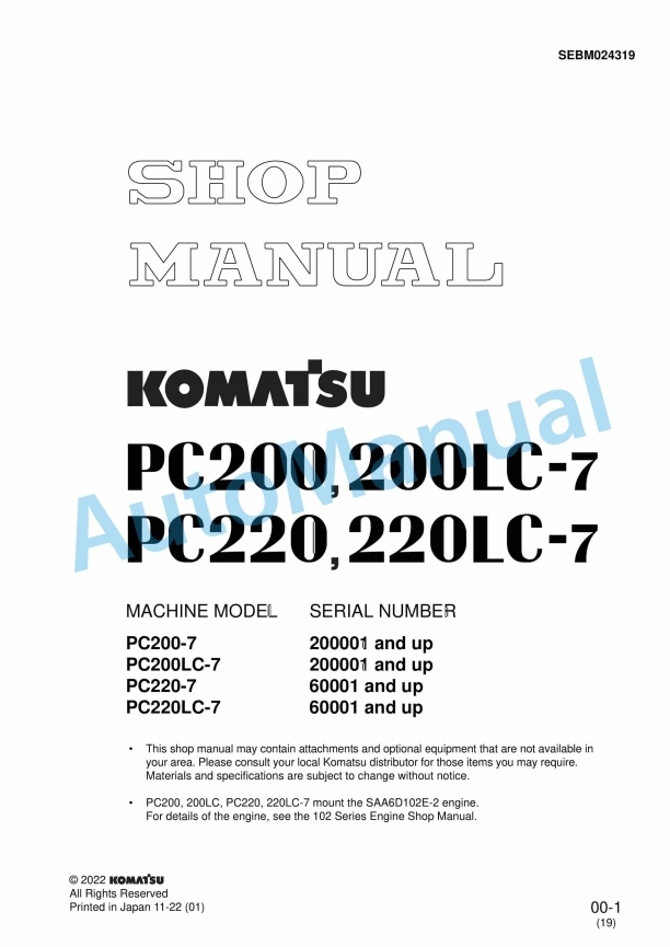 Komatsu PC200-7, PC200LC-7, PC220-7, PC220LC-7 Hydraulic Excavator Shop Manual SEBM024319