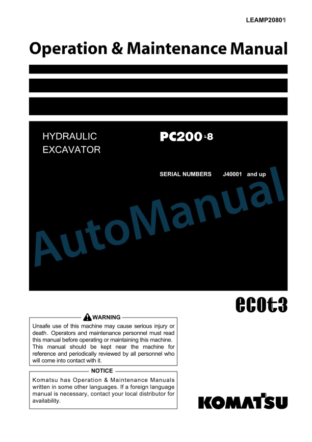 Komatsu PC200-8 Hydraulic Excavator Operation and Maintenance Manual LEAMP20801