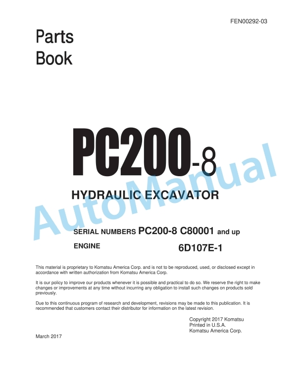 Komatsu PC200-8 Hydraulic Excavator Parts Manual FEN00292-03