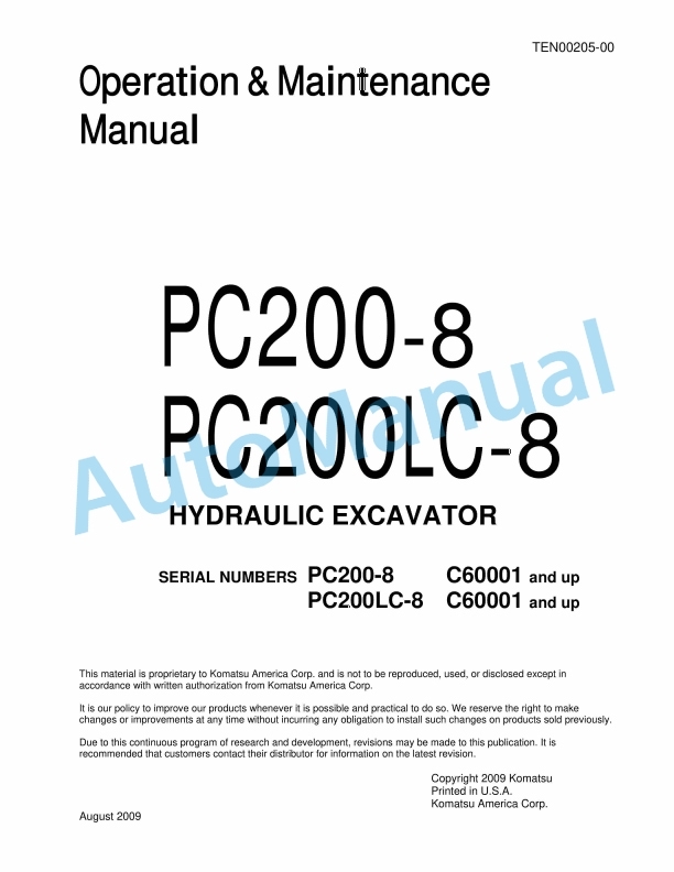Komatsu PC200-8, PC200LC-8 Hydraulic Excavator Operation and Maintenance Manual TEN00205-00