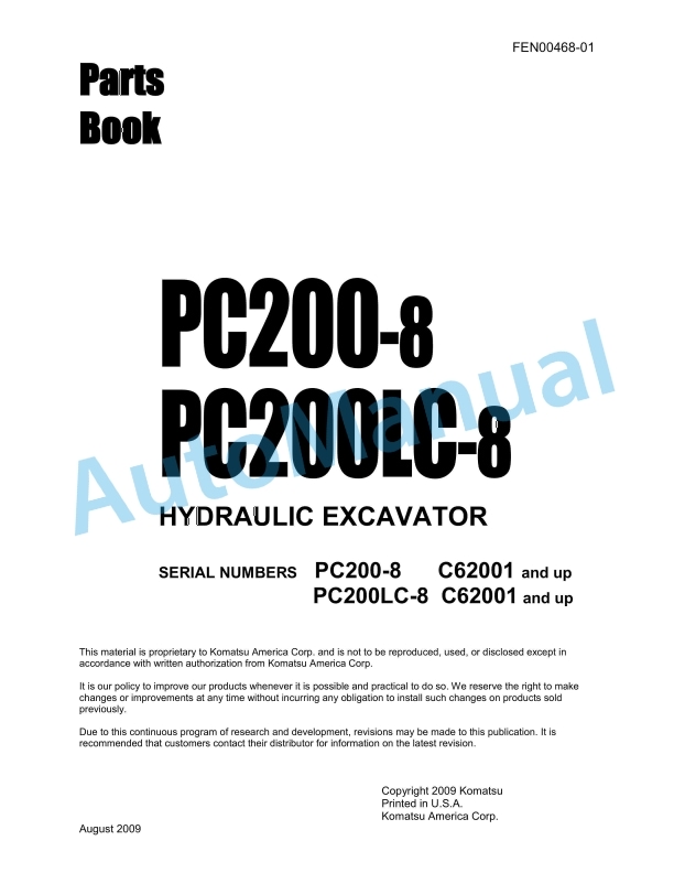 Komatsu PC200-8, PC200LC-8 Hydraulic Excavator Parts Manual FEN00468-01
