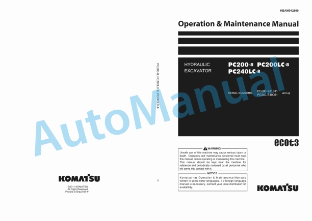 Komatsu PC200-8, PC200LC-8, PC240LC-8 Hydraulic Excavator Operation and Maintenance Manual KEAM042800
