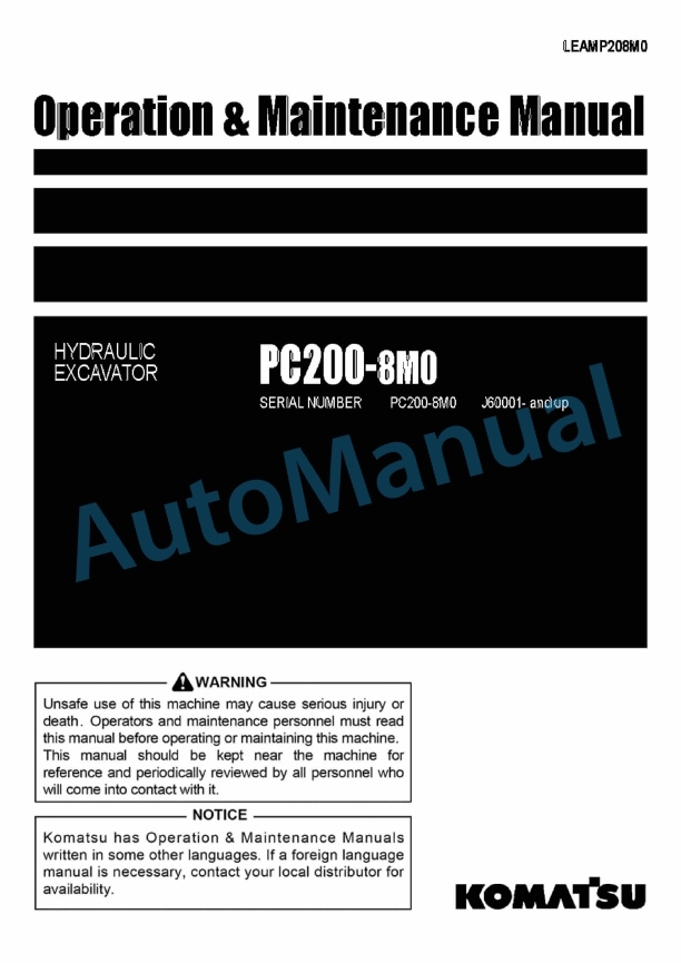 Komatsu PC200-8M0 Hydraulic Excavator Operation and Maintenance Manual LEAMP208M0