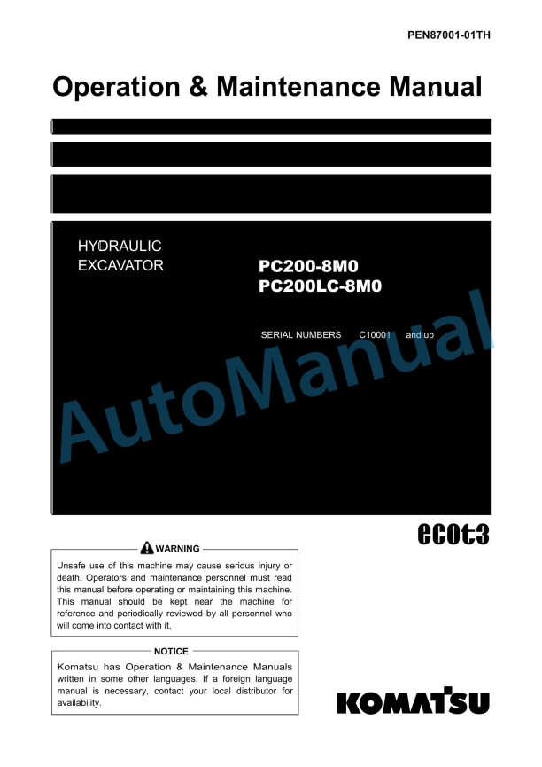 Komatsu PC200-8M0, PC200LC-8M0 Hydraulic Excavator Operation and Maintenance Manual PEN87001-01TH