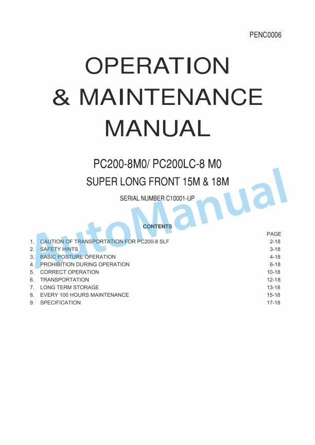 Komatsu PC200-8M0, PC200LC-8M0 Super Long Front 15M and 18M Hydraulic Excavator Operation and Maintenance Manual PENC0006