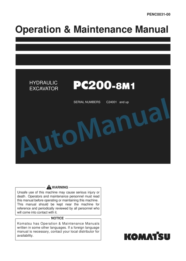 Komatsu PC200-8M1 Hydraulic Excavator Operation and Maintenance Manual PENC0031-00
