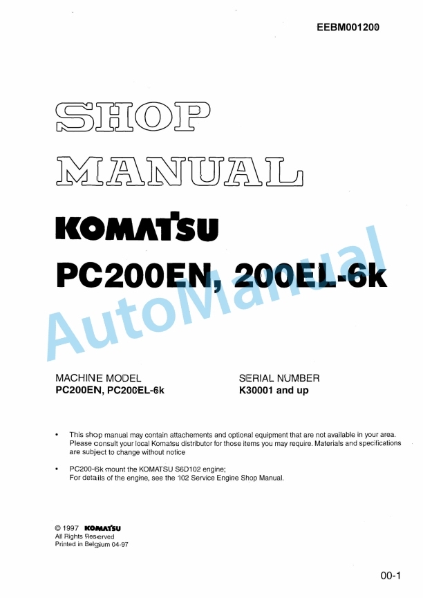 Komatsu PC200EN-6K, PC200EL-6K Hydraulic Excavator Shop Manual EEBM001200