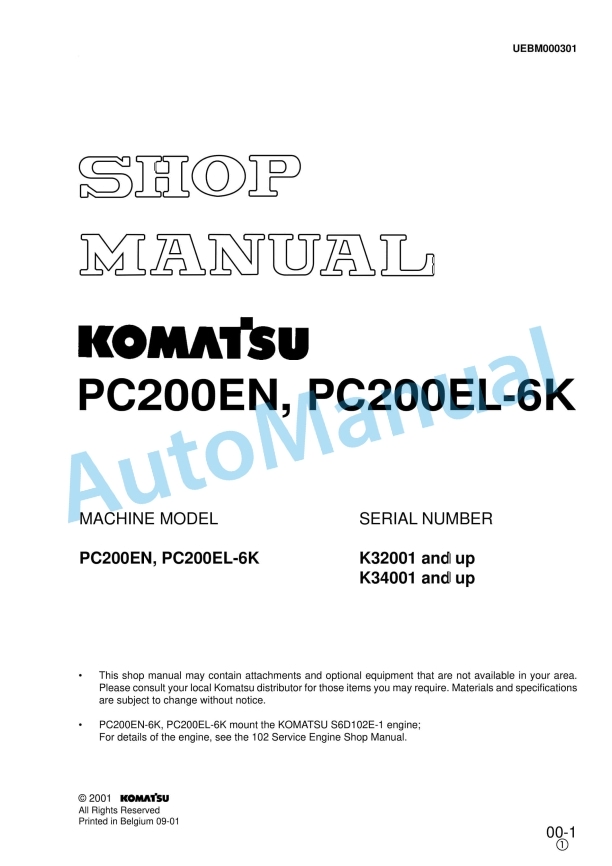 Komatsu PC200EN-6K, PC200EL-6K Hydraulic Excavator Shop Manual UEBM000301