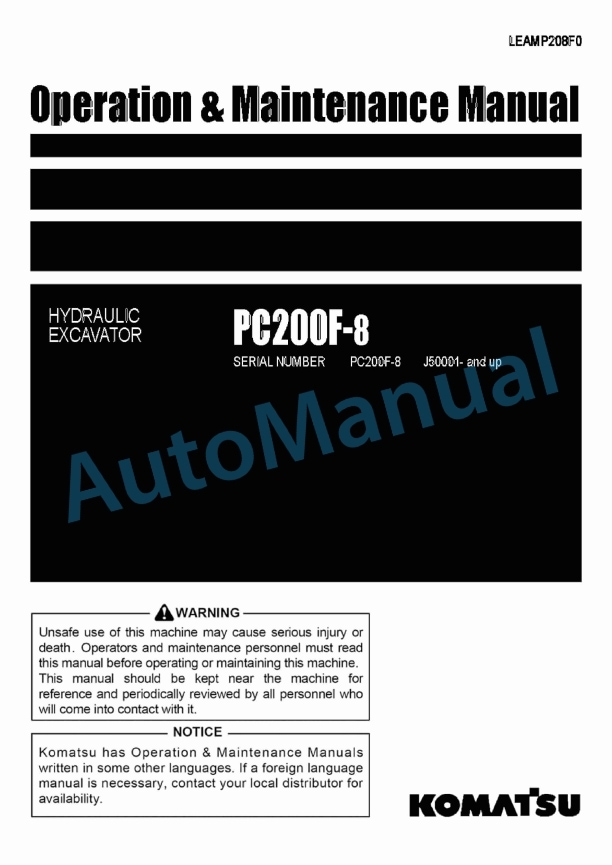 Komatsu PC200F-8 Hydraulic Excavator Operation and Maintenance Manual LEAMP208F0