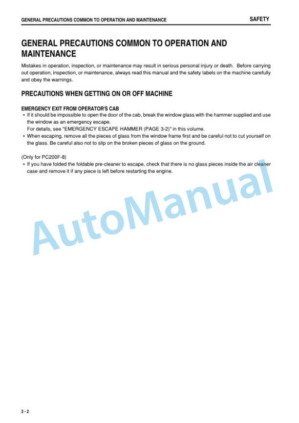 Komatsu PC200F-8 Hydraulic Excavator Operation and Maintenance Manual LEAMP208F0-2