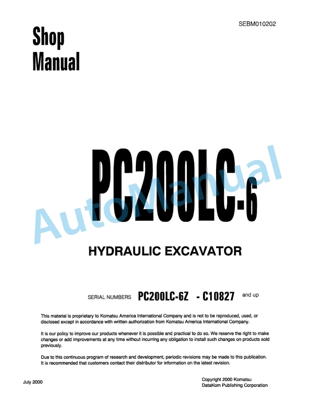 Komatsu PC200LC-6 Hydraulic Excavator Shop Manual SEBM010202