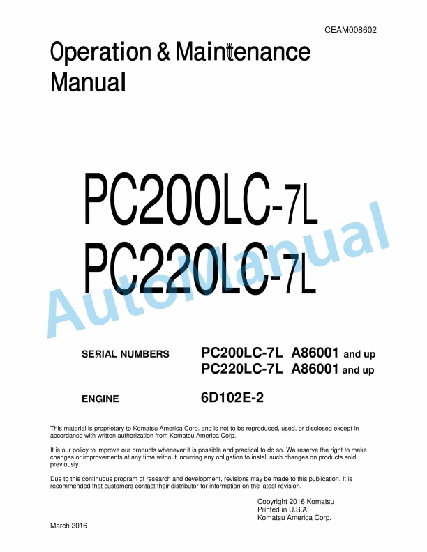 Komatsu PC200LC-7L, PC220LC-7L Hydraulic Excavator Operation and Maintenance Manual CEAM008602