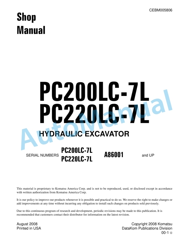 Komatsu PC200LC-7L, PC220LC-7L Hydraulic Excavator Shop Manual CEBM005806