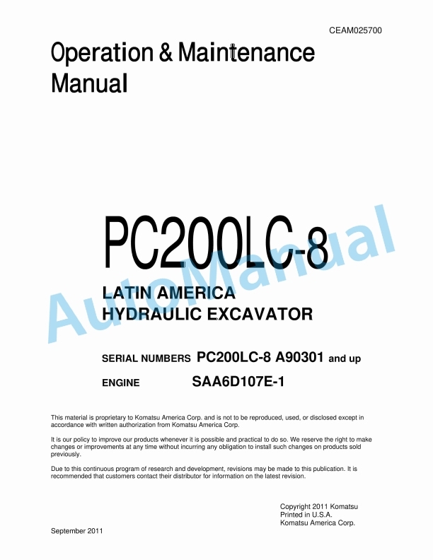 Komatsu PC200LC-8 Hydraulic Excavator Operation and Maintenance Manual CEAM025700