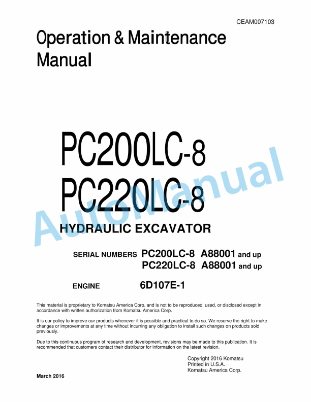 Komatsu PC200LC-8, PC200HD-8 Hydraulic Excavator Operation and Maintenance Manual CEAM007103