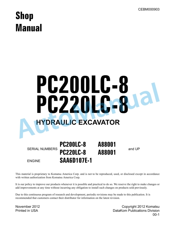 Komatsu PC200LC-8, PC220LC-8 Hydraulic Excavator Shop Manual CEBM000903