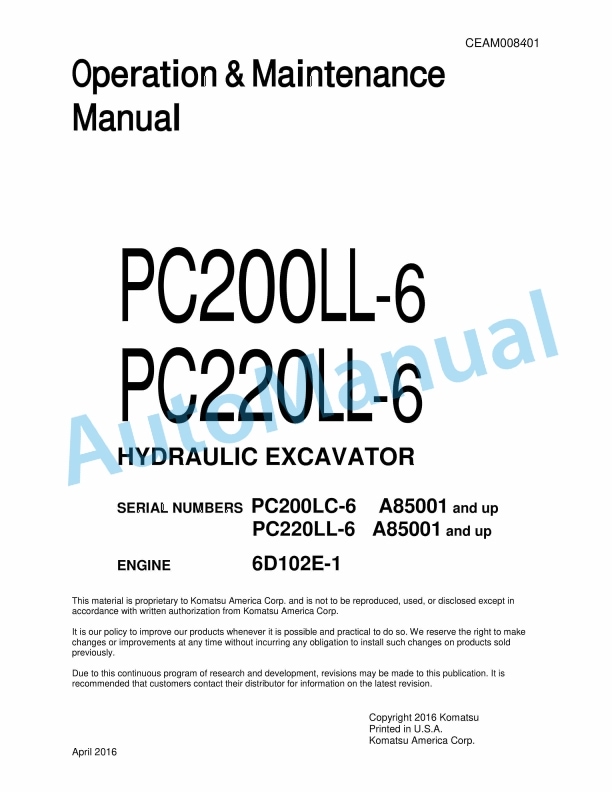 Komatsu PC200LL-6, PC220LL-6 Hydraulic Excavator Operation and Maintenance Manual CEAM008401
