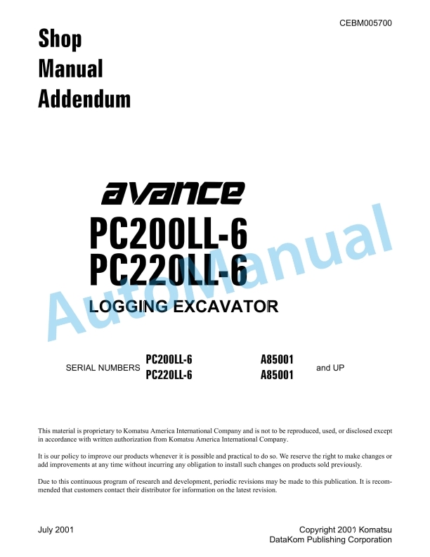 Komatsu PC200LL-6, PC220LL-6 Logging Excavator Shop Manual CEBM005700