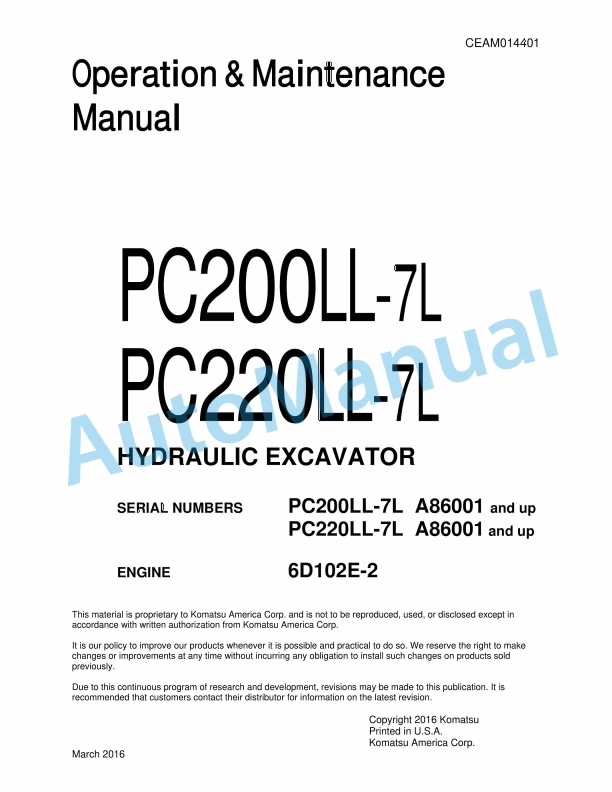 Komatsu PC200LL-7L, PC220LL-7L Hydraulic Excavator Operation and Maintenance Manual CEAM014401