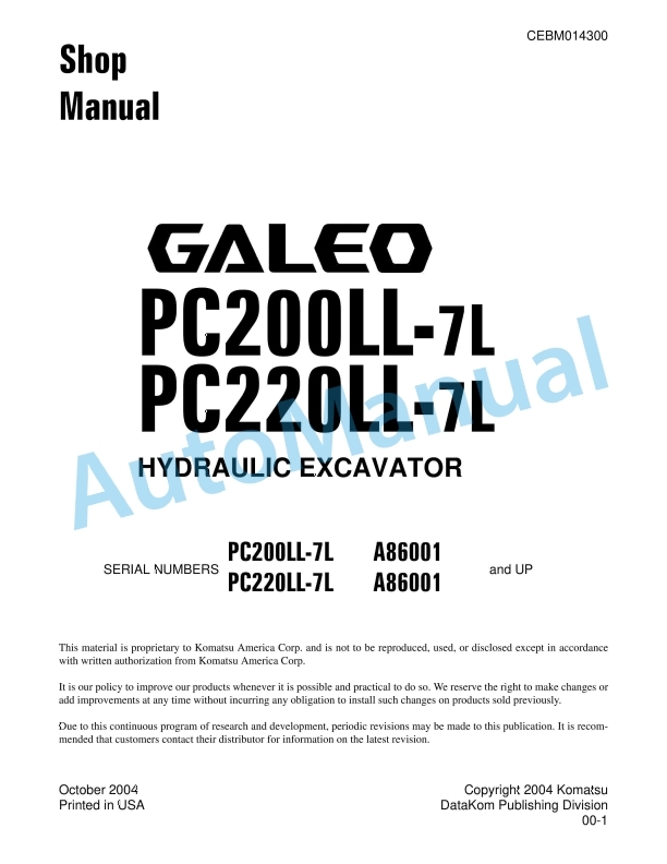 Komatsu PC200LL-7L, PC220LL-7L Hydraulic Excavator Shop Manual CEBM014300