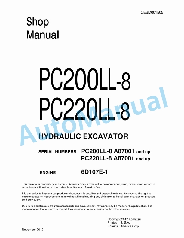 Komatsu PC200LL-8, PC220LL-8 Hydraulic Excavator Shop Manual CEBM001505