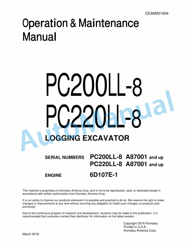 Komatsu PC200LL-8, PC220LL-8 Logging Excavator Operation and Maintenance Manual CEAM001604