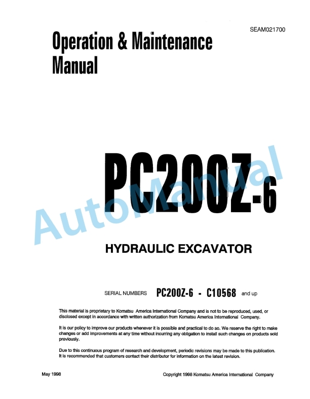 Komatsu PC200Z-6 Hydraulic Excavator Operation and Maintenance Manual SEAM021700