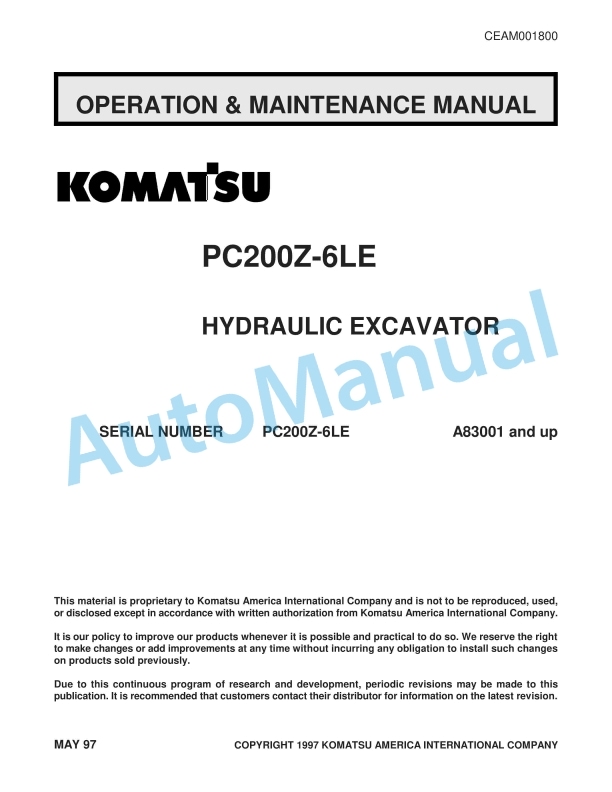 Komatsu PC200Z-6LE Hydraulic Excavator Operation and Maintenance Manual CEAM001800