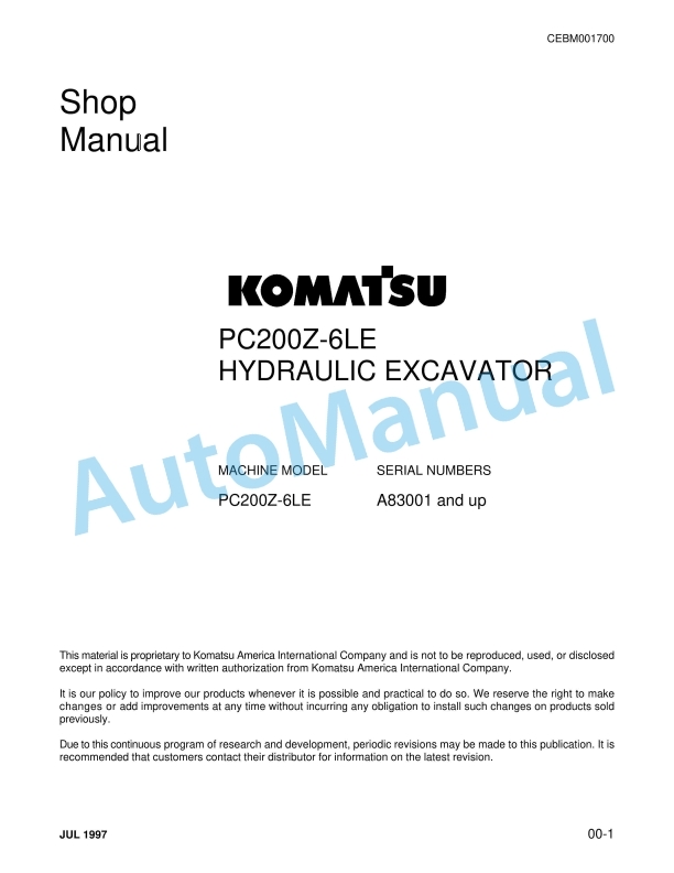 Komatsu PC200Z-6LE Hydraulic Excavator Shop Manual CEBM001700