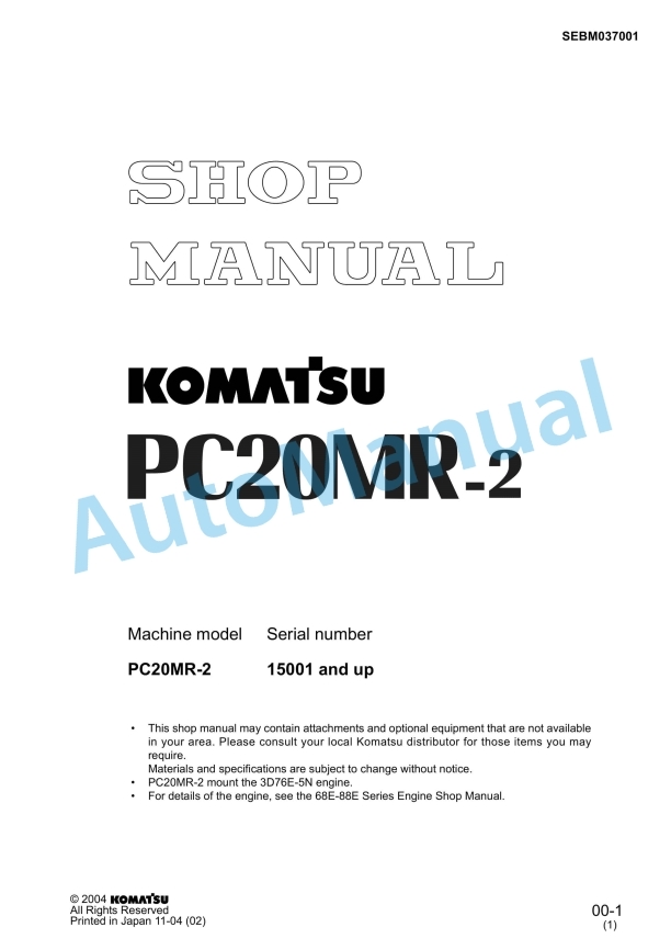 Komatsu PC20MR-2 Hydraulic Excavator Shop Manual SEBM037001