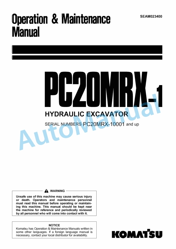 Komatsu PC20MRX-1 Hydraulic Excavator Operation and Maintenance Manual SEAM023400