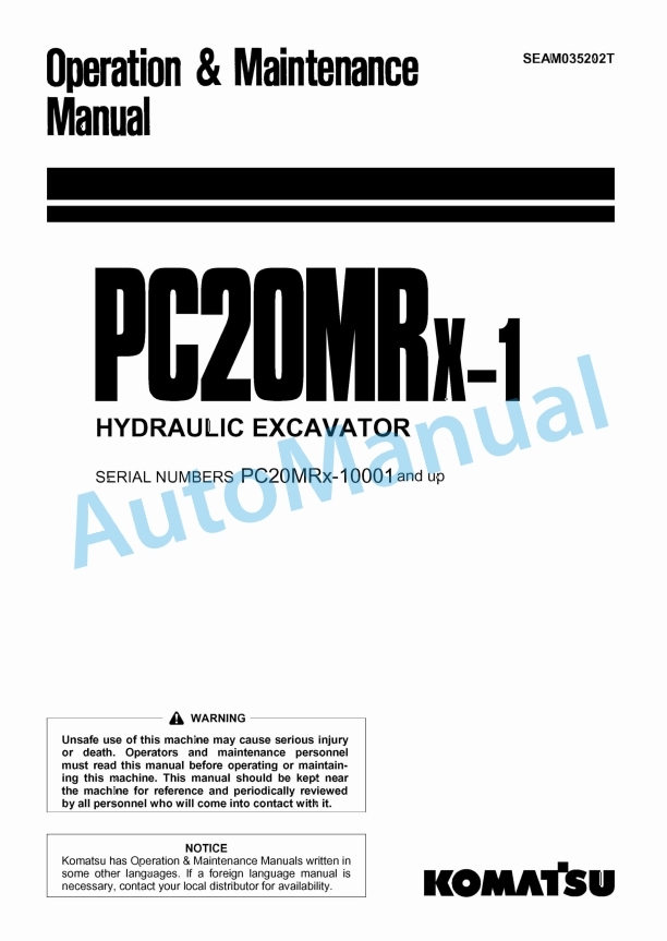Komatsu PC20MRX-1 Hydraulic Excavator Operation and Maintenance Manual SEAM035202T