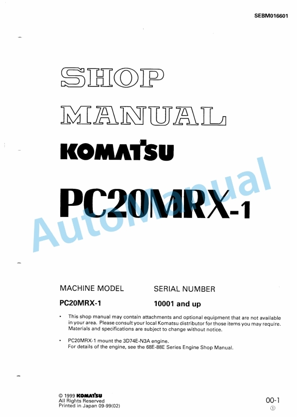 Komatsu PC20MRX-1 Hydraulic Excavator Shop Manual SEBM016601