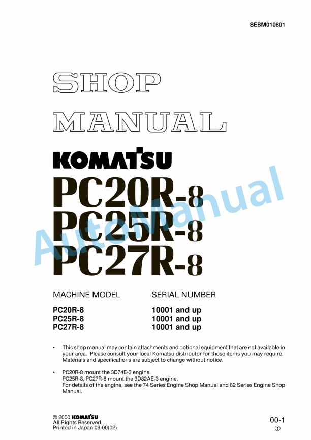 Komatsu PC20R-8, PC25R-8, PC27R-8 Hydraulic Excavator Shop Manual SEBM010801