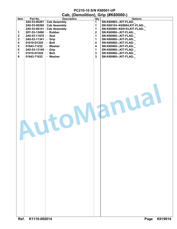 Komatsu PC210-10 Hydraulic Excavator Parts Manual SAA6DE2U-4
