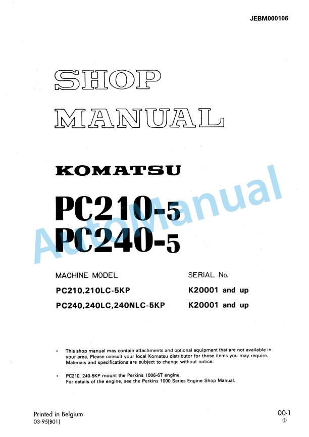 Komatsu PC210-5, PC240-5 Hydraulic Excavator Shop Manual JEBM000106
