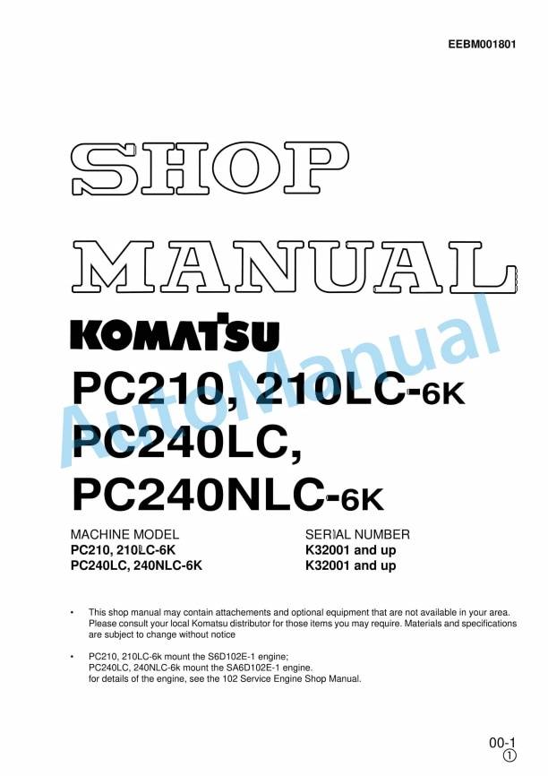 Komatsu PC210-6K, PC210LC-6K, PC240LC-6K, PC240NLC-6K Hydraulic Excavator Shop Manual EEBM001801