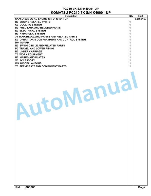Komatsu PC210-7K Hydraulic Excavator Parts Manual SAA6D15U