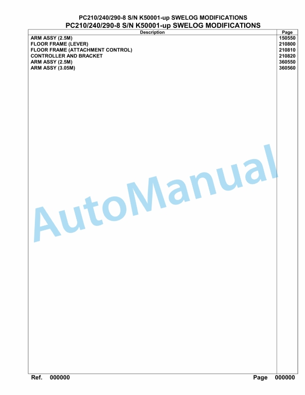 Komatsu PC210-8, PC240-8, PC290-8 Hydraulic Excavator Parts Manual K50001-UP